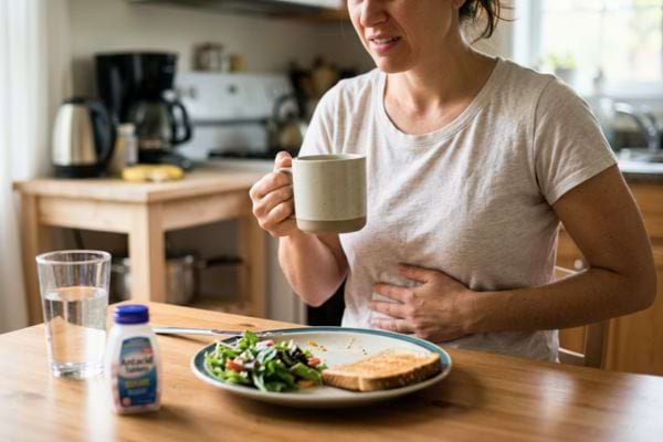 Femme buvant une boisson en se tenant le ventre à table