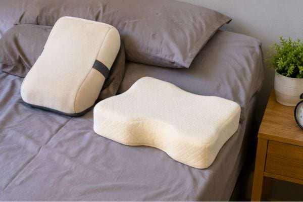 Oreillers ergonomiques posés sur un lit pour améliorer le sommeil
