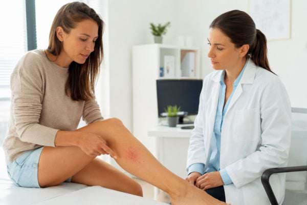 Médecin examinant une irritation rouge sur la jambe d’une patiente.