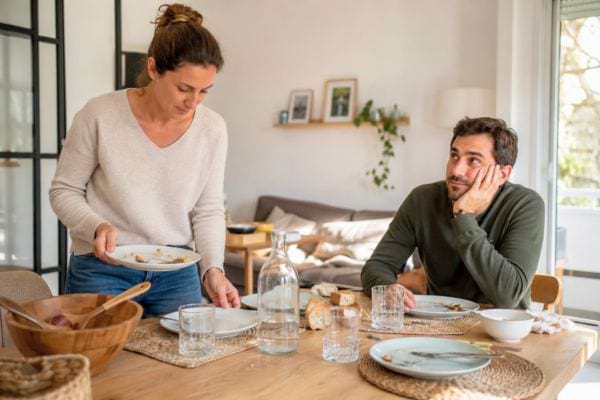 Femme d&eacute;barrassant une assiette pendant qu&rsquo;un homme attend &agrave; table.