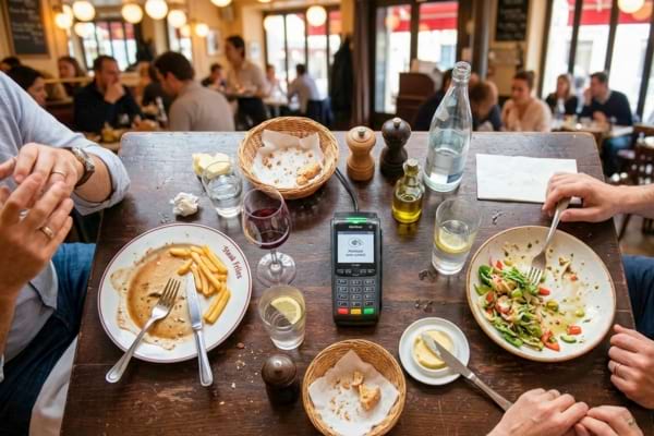 Une table de restaurant anim&eacute;e vue de haut, avec des assiettes &agrave; moiti&eacute; pleines