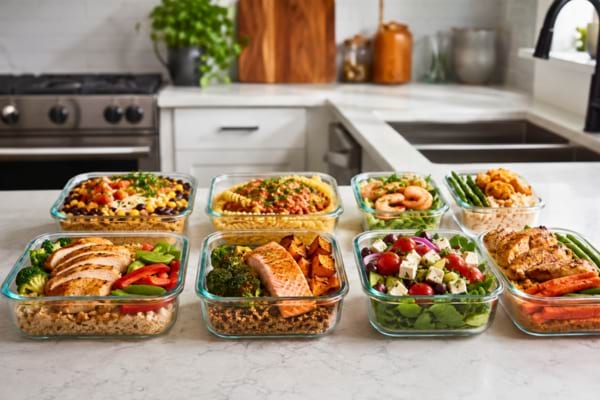 plats faits maison colorés dans des boîtes en verre alignées