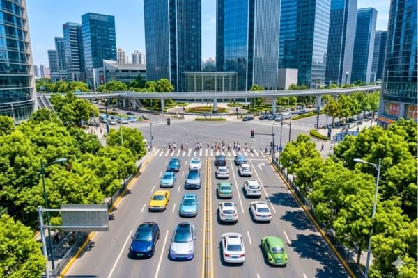 Une longue file de voitures circulant de mani&egrave;re parfaitement fluide sur une large avenue