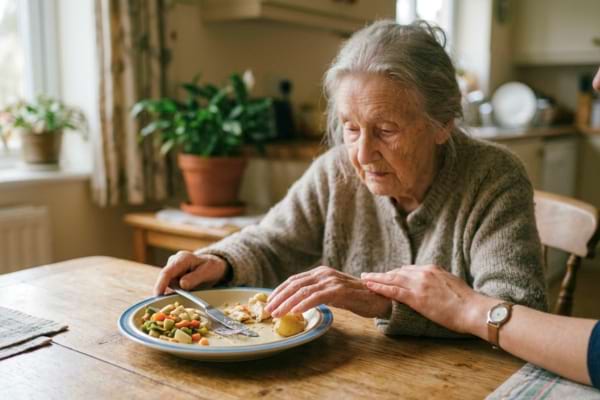  Une personne tr&egrave;s &acirc;g&eacute;e repousse doucement une assiette &agrave; moiti&eacute; pleine