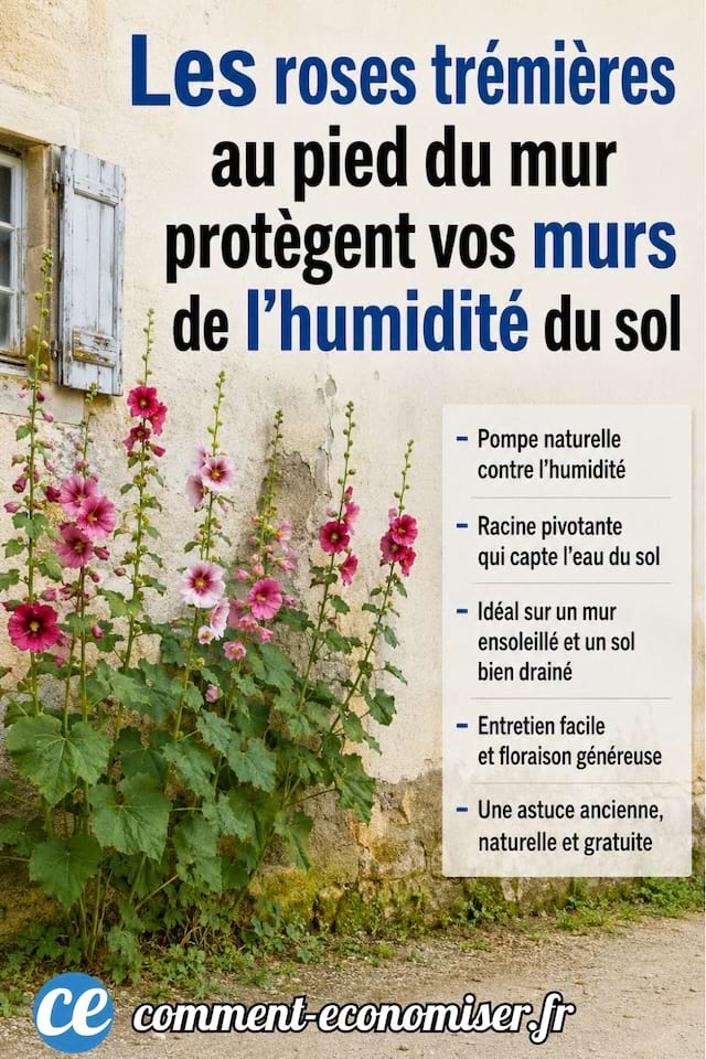les roses trémières au pied du mur protègent vos murs de l'humidité du sol