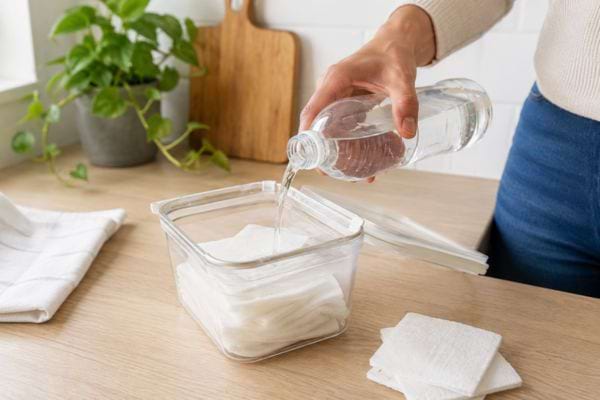 Vinaigre blanc vers&eacute; sur des lingettes r&eacute;utilisables maison.