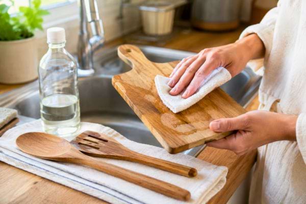 Planche en bois nettoy&eacute;e au vinaigre blanc dans une cuisine.