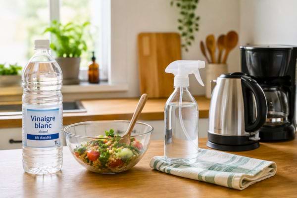 Vinaigre blanc posé dans une cuisine avec un spray nettoyant.