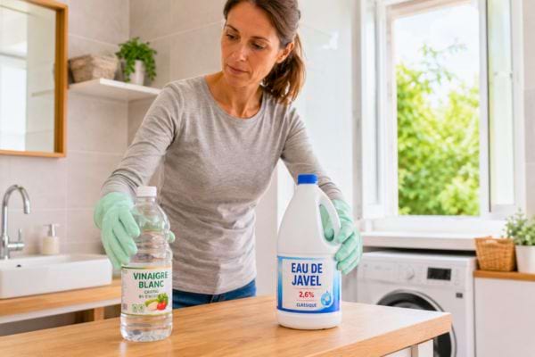 Femme comparant vinaigre blanc et eau de Javel dans une buanderie.