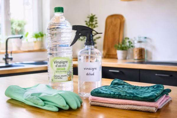 Vinaigre d’alcool et spray de vinaigre dilué avec chiffons de nettoyage.