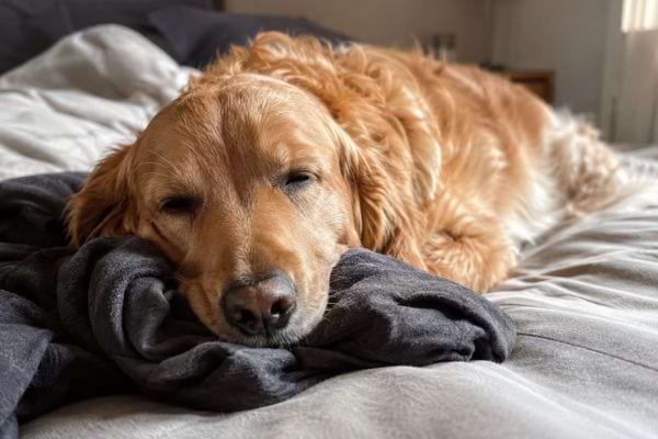 Golden retriever endormi sur un v&ecirc;tement pos&eacute; sur le lit, apais&eacute; par l&rsquo;odeur famili&egrave;re de son ma&icirc;tre.