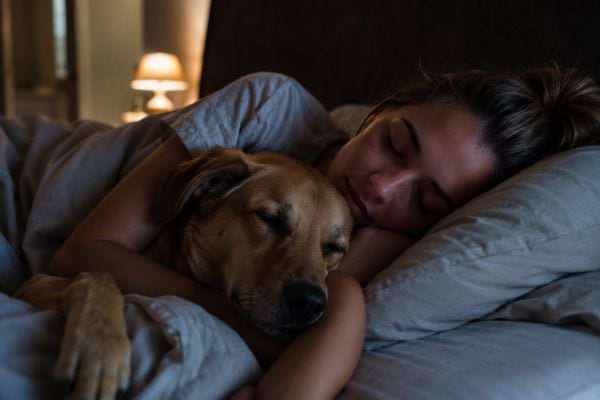 Chien endormi contre sa ma&icirc;tresse dans un lit, symbole de s&eacute;curit&eacute; et de r&eacute;confort pendant la nuit.