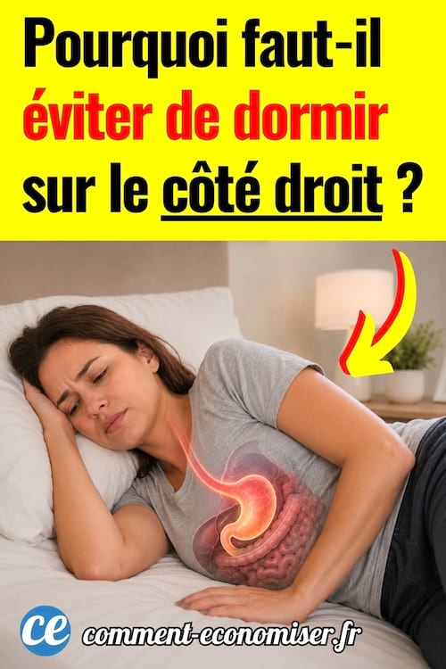 Femme allongée sur le côté droit dans un lit, tenant son ventre avec expression de douleur