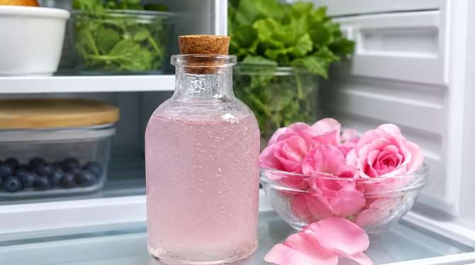 Flacon d&rsquo;eau de rose maison conserv&eacute; au r&eacute;frig&eacute;rateur pour rester frais