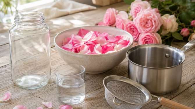 Mat&eacute;riel pour pr&eacute;parer de l&rsquo;eau de rose maison avec p&eacute;tales, casserole et pot en verre