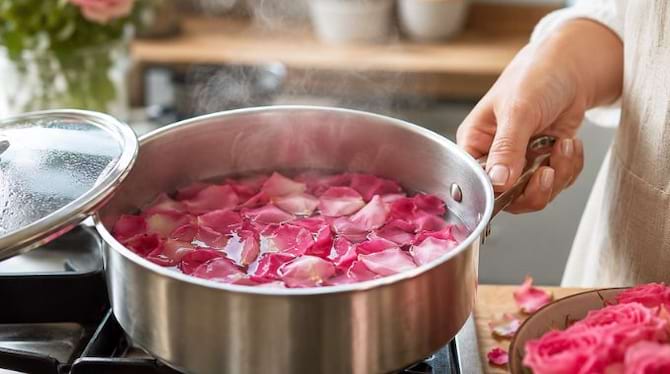 P&eacute;tales de rose qui infusent doucement dans une casserole pour faire de l&rsquo;eau de rose