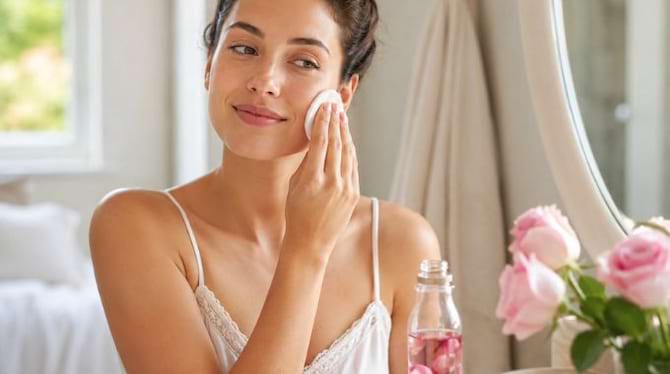 Application d&rsquo;eau de rose maison sur le visage avec une lingette r&eacute;utilisable