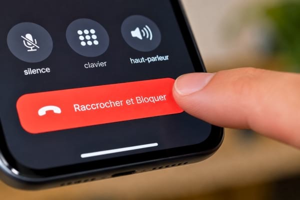 un doigt appuyant sur le bouton rouge "Raccrocher et Bloquer" sur l'&eacute;cran tactile d'un smartphone moderne