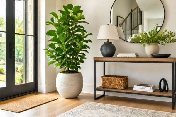 A bright and modern home entryway interior, featuring a large beautiful green potted plant in a stylish ceramic pot on the floor
