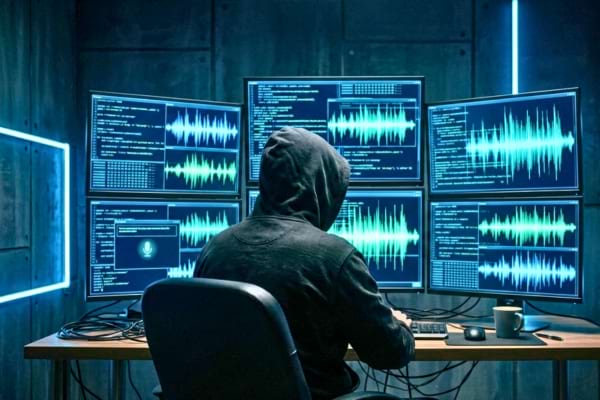 un pirate informatique encapuchonn&eacute; vu de dos, assis dans la p&eacute;nombre