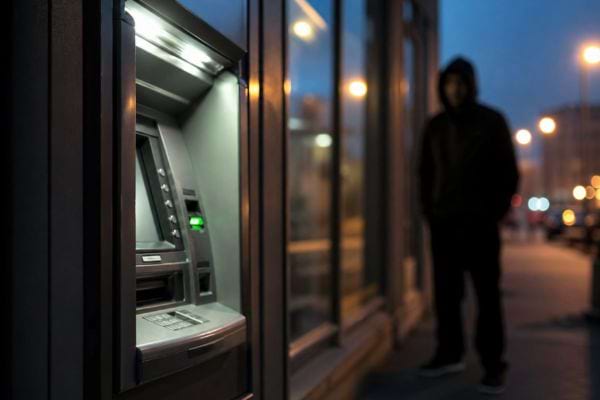 un homme en noir pr&egrave;s du distributeur automatiqe