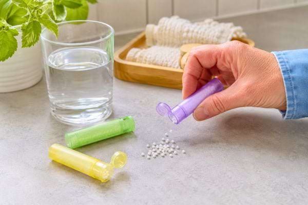 Granules hom&eacute;opathiques vers&eacute;s pr&egrave;s d&rsquo;un verre d&rsquo;eau.