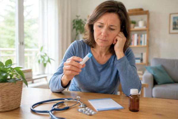 Femme perplexe devant un tube hom&eacute;opathique &agrave; la maison.