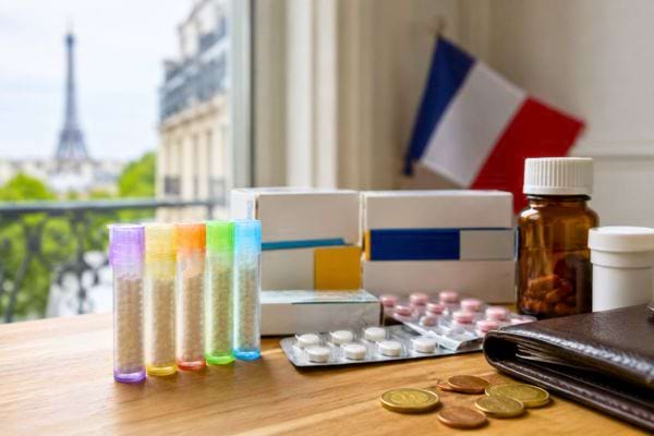 Produits hom&eacute;opathiques pos&eacute;s pr&egrave;s d&rsquo;un drapeau fran&ccedil;ais.