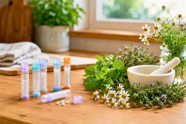 Tubes hom&eacute;opathiques et plantes m&eacute;dicinales sur une table.