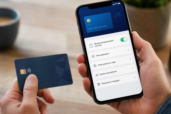 un homme tient un t&eacute;l&eacute;phone et une carte bleue