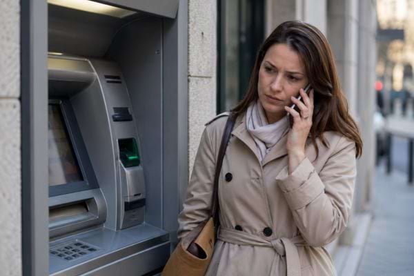 une femme t&eacute;l&eacute;phone pr&egrave;s d'un distributeur automatique