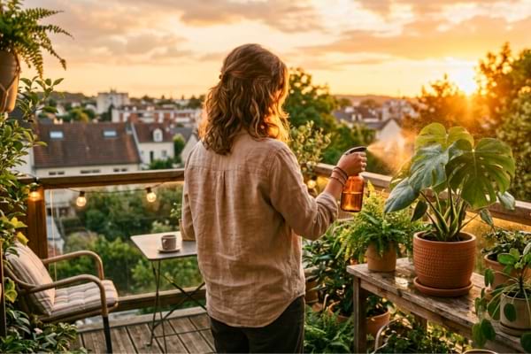 une personne vue de dos vaporisant d&eacute;licatement le feuillage d'une plante en pot 