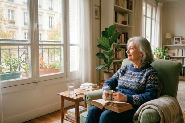 Une femme de 70 ans, à l'expression pensive et sereine, assise dans un fauteuil