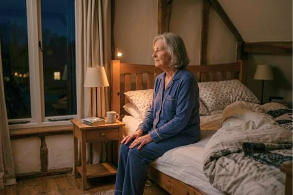 ne personne de 70 ans assise sur le bord de son lit
