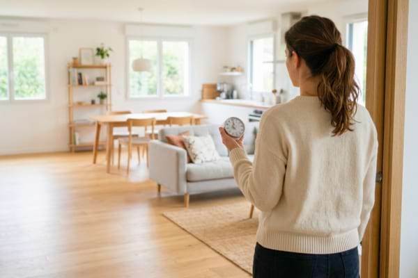 Une femme tenant un chronomètre prête à faire son ménage
