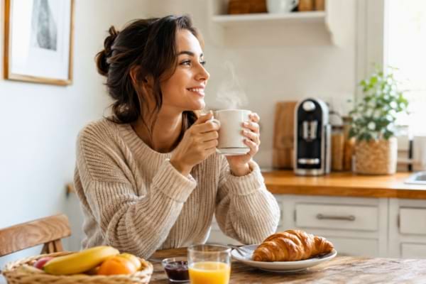 Une personne souriante assise &agrave; une petite table de cuisine, tenant un mug fumant &agrave; deux mains