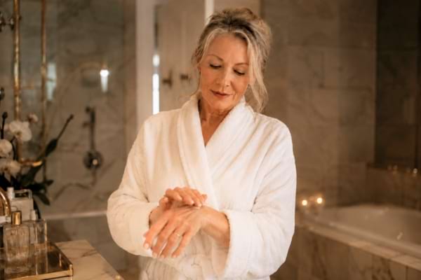 femme élégante de 55 ans appliquant une crème sur ses mains dans une salle de bain chic