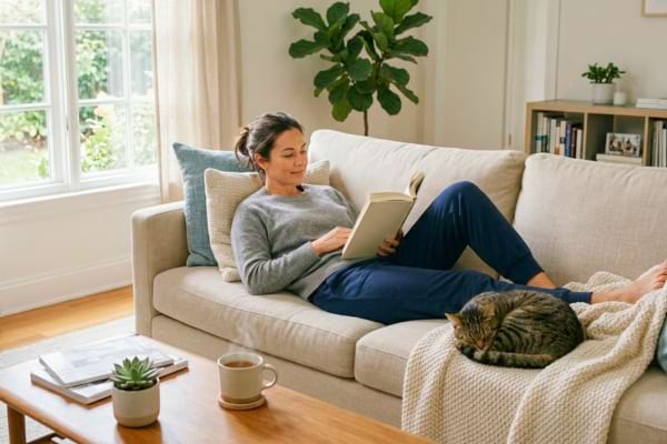 Une femme relax qui lit dans son sofa