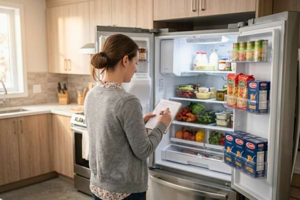 A person is looking inside an open refrigerator, holding a notepad and a pen, taking inventory of the food
