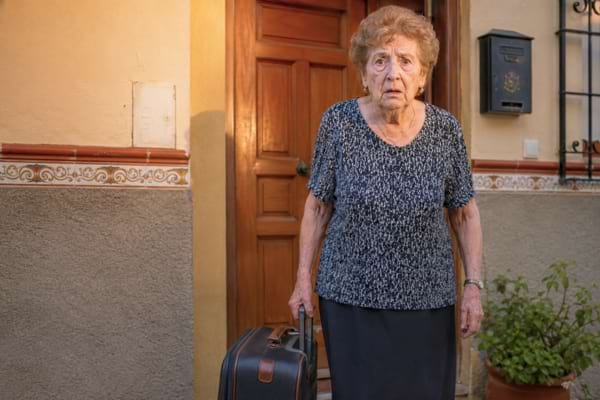 Une femme de 78 ans, l'air choquée et désemparée, se tient devant la porte d'entrée en bois d'une maison