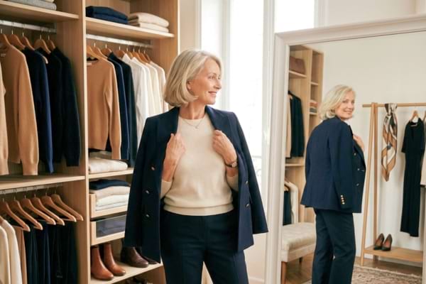 femme mature devant un miroir choisissant une veste élégante, dressing lumineux, vêtements sobres et raffinés