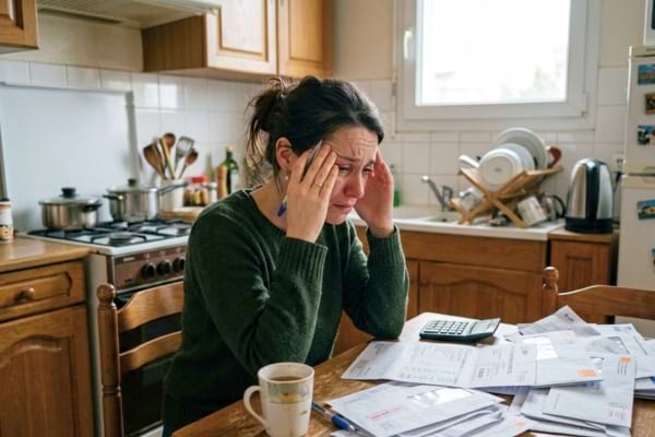 une femme angoiss&eacute;e regardant des factures dans une cuisine modeste