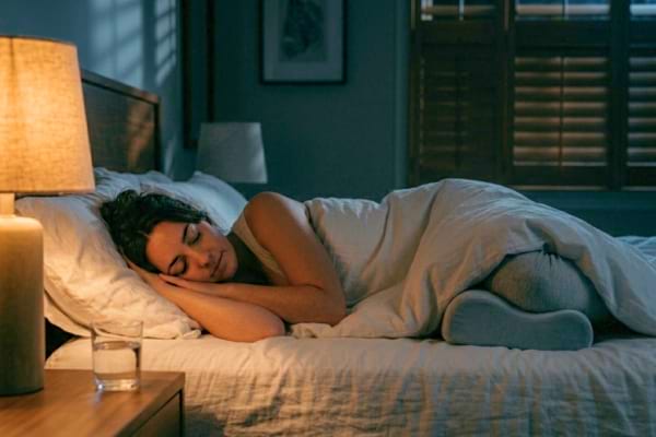 'une personne dormant paisiblement sur le c&ocirc;t&eacute; gauche, un petit oreiller ergonomique plac&eacute; entre ses genoux