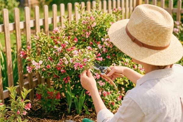 ne personne vue de dos, portant un chapeau de paille &eacute;l&eacute;gant, en train de tailler l&eacute;g&egrave;rement les pointes des branches