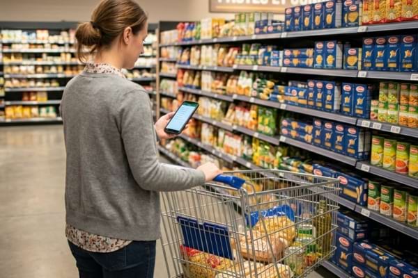 a person pushing a shopping cart in a supermarket aisle filled with dry goods like pasta and canned food.