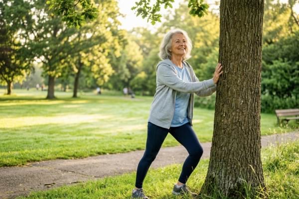 une personne de 70 ans souriante faisant des &eacute;tirements doux