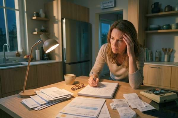 a person looking stressed while calculating budget on a notepad at a kitchen table