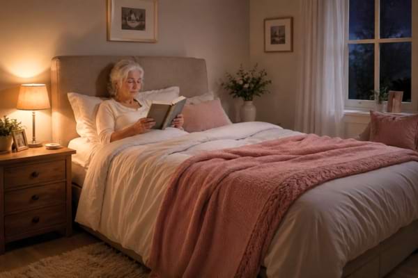 Une femme senior lit un livre sous la lumi&egrave;re douce et chaude d'une lampe de chevet