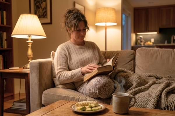 femme en tenue d'int&eacute;rieur confortable assise sur un canap&eacute; douillet, lisant un livre