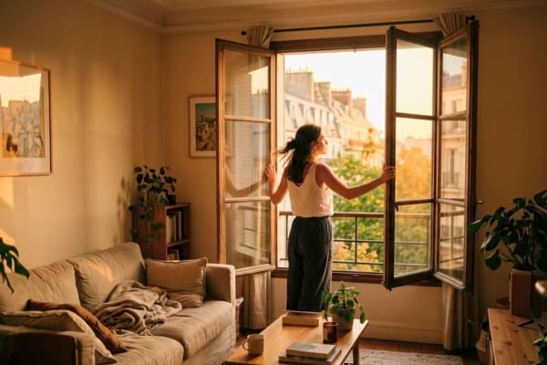 Une personne de dos, vêtue de vêtements légers, ouvre grand une fenêtre pour chercher un peu d'air frais